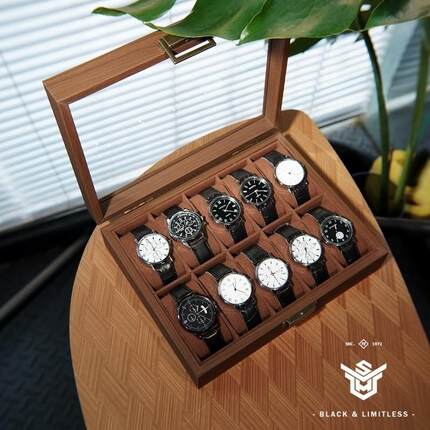 手表收纳盒10格黑胡桃木纹高档木质表盒机械手表展示收藏棕色内里