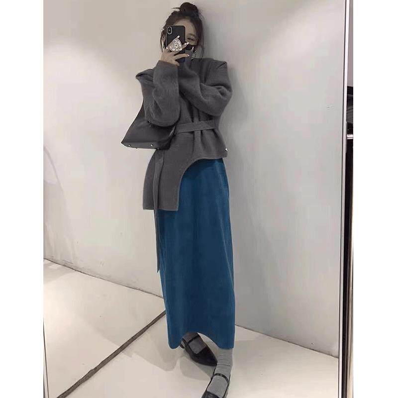 秋冬装搭配一整套小个子显高套装韩剧穿搭灰色上衣半身裙两件套女