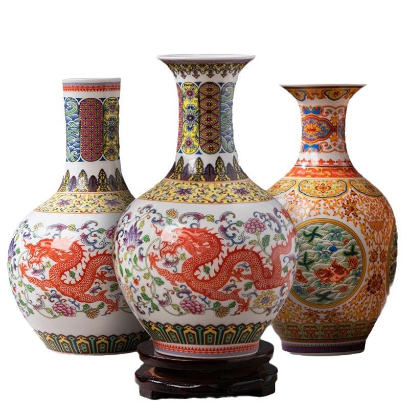 景德镇陶瓷器龙凤花瓶中式客厅装饰品插花摆件古董架粉彩瓷瓶摆件