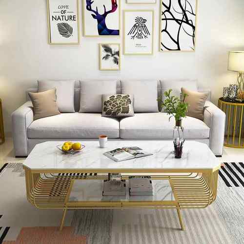 北欧大理石铁艺茶几 现代简约客厅桌子 家用轻奢创意网红金色茶桌