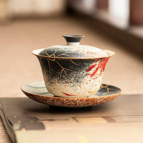 工厂青花火石红三才盖碗描金手绘荷韵锦鲤泡茶碗陶瓷功夫茶具茶杯