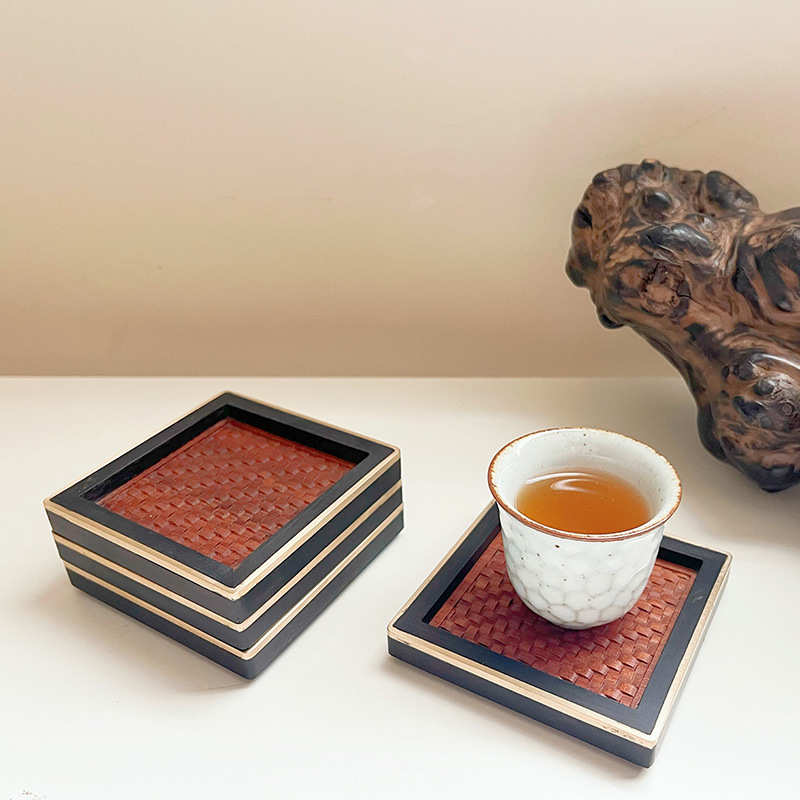 木质藤面杯托中式防烫木质工艺品摆件手工编织防烫杯垫送礼好物