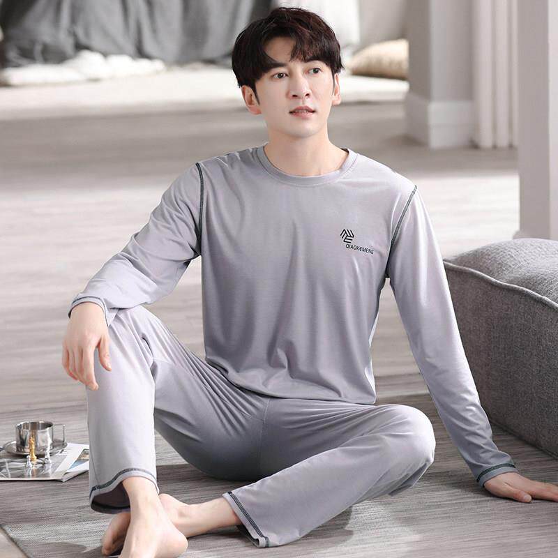 春秋季款睡衣莫代尔家居服男士长袖可外穿夏季薄款加大码两件式套