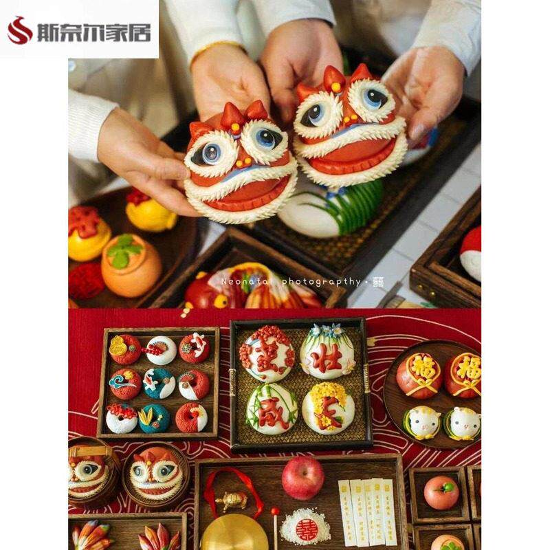 中式托盘周岁宴托盘喜饼盘周岁花馍糕点托盘宝宝生日抓周醒狮花饽