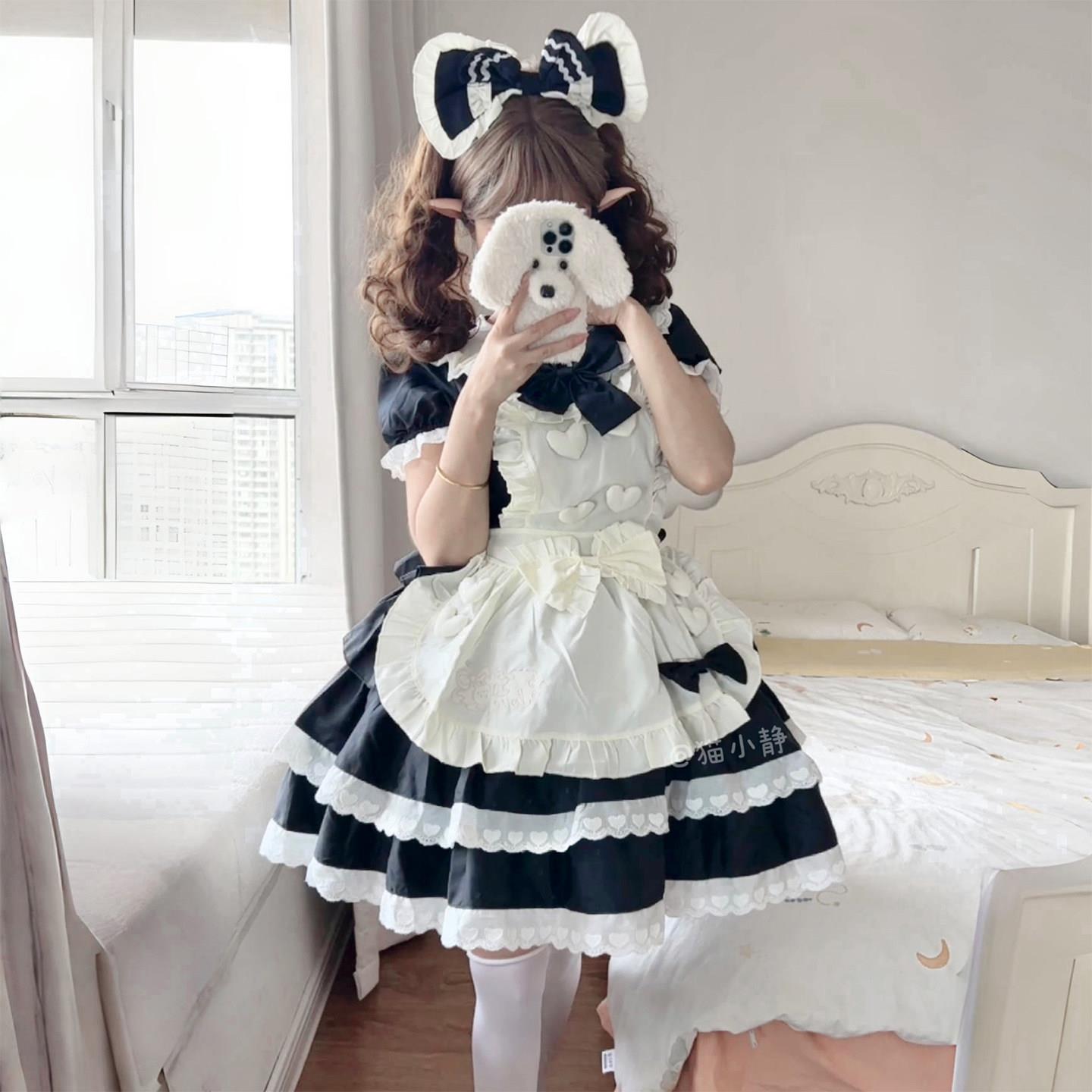大码lolita女仆风连衣裙少女甜妹爱心黑粉洛丽塔公主lo裙围裙套装
