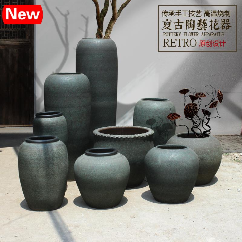 禅意复古粗陶罐插花器干支落地大号摆件酒店大花瓶庭院花盆坛子缸