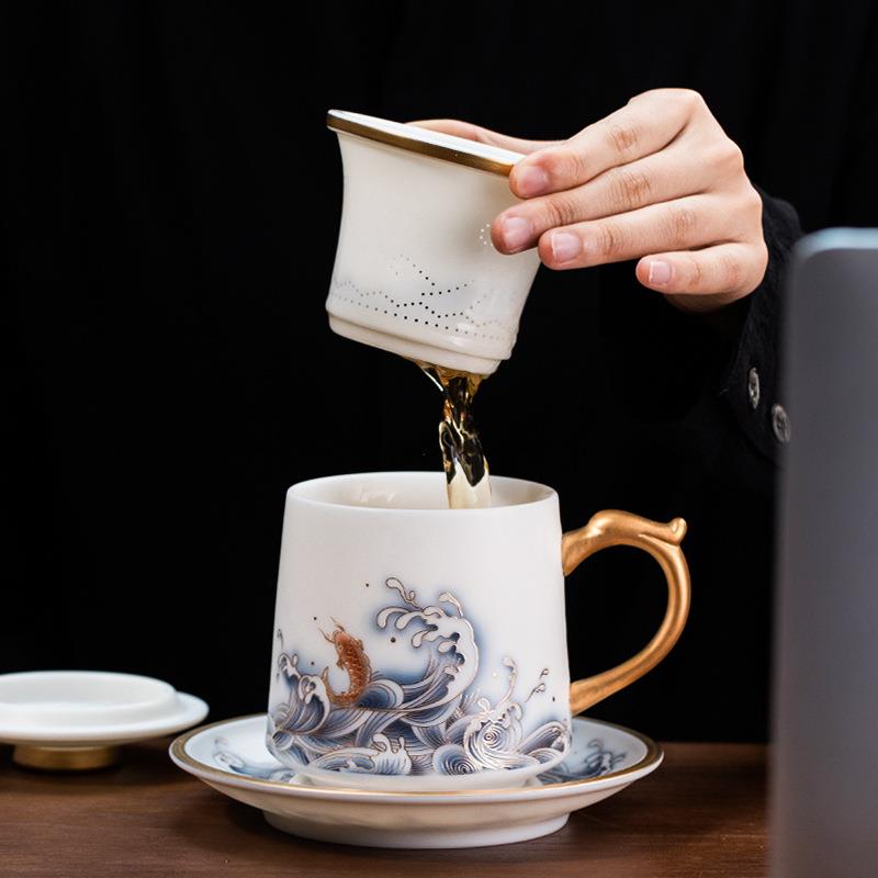 德化白瓷羊脂玉办公带手柄茶水分离自带过滤茶杯家用节日送礼