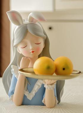 北欧创意兔耳朵女孩收纳摆件家居玄关糖果托盘客厅树脂装饰品摆设