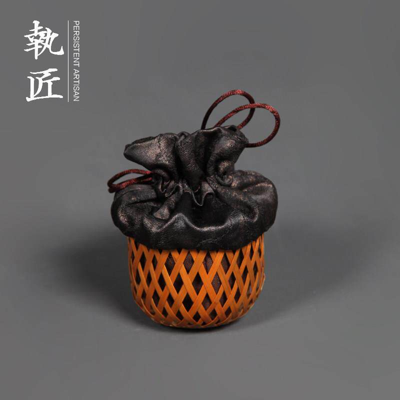 手工竹编大漆茶杯笼 竹制单杯篓茶杯收纳笼台式竹艺大师作品复古