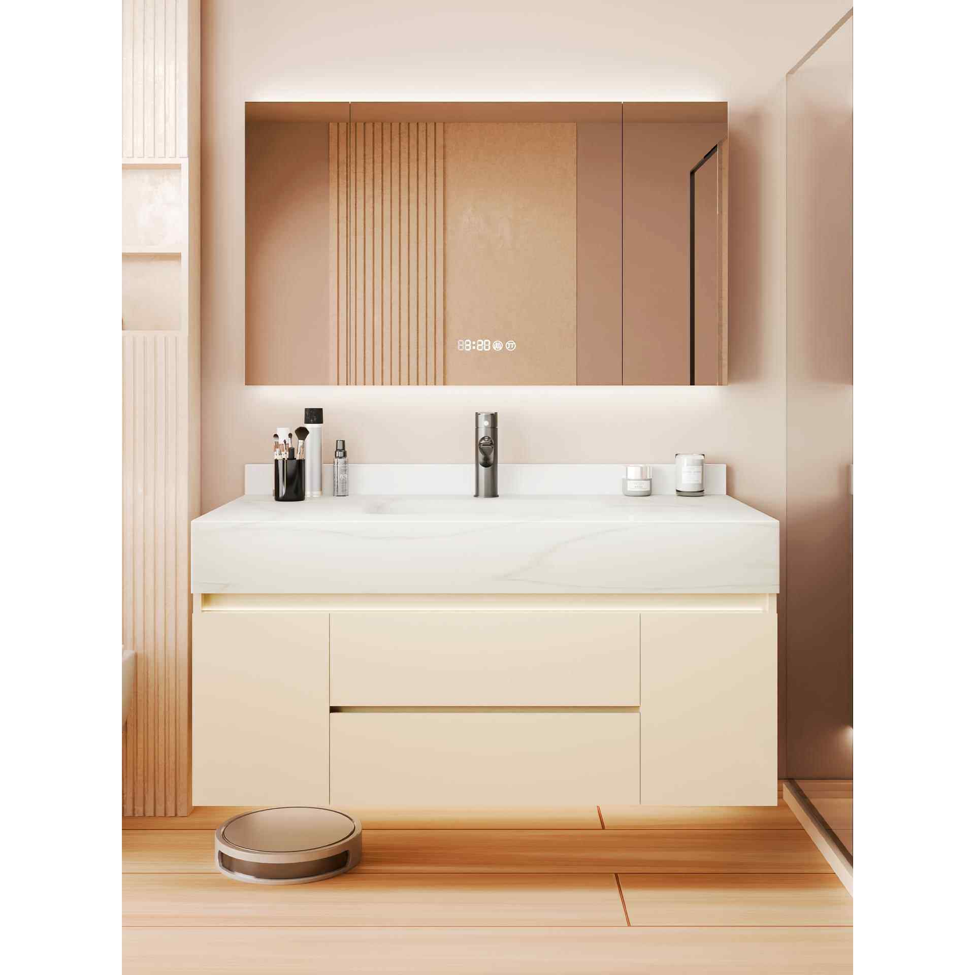 奶油风岩板热弯一体盆浴室柜组合卫生间洗漱台洗手池洗脸池洗手盆,家装主材,浴室柜组合,淘宝优惠券,粉丝福利购,淘宝优惠卷