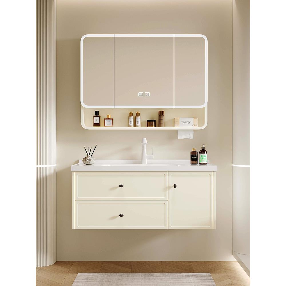 奶油风浴室柜组合卫生间不锈钢陶瓷一体洗脸面洗手盆柜洗漱台镜柜