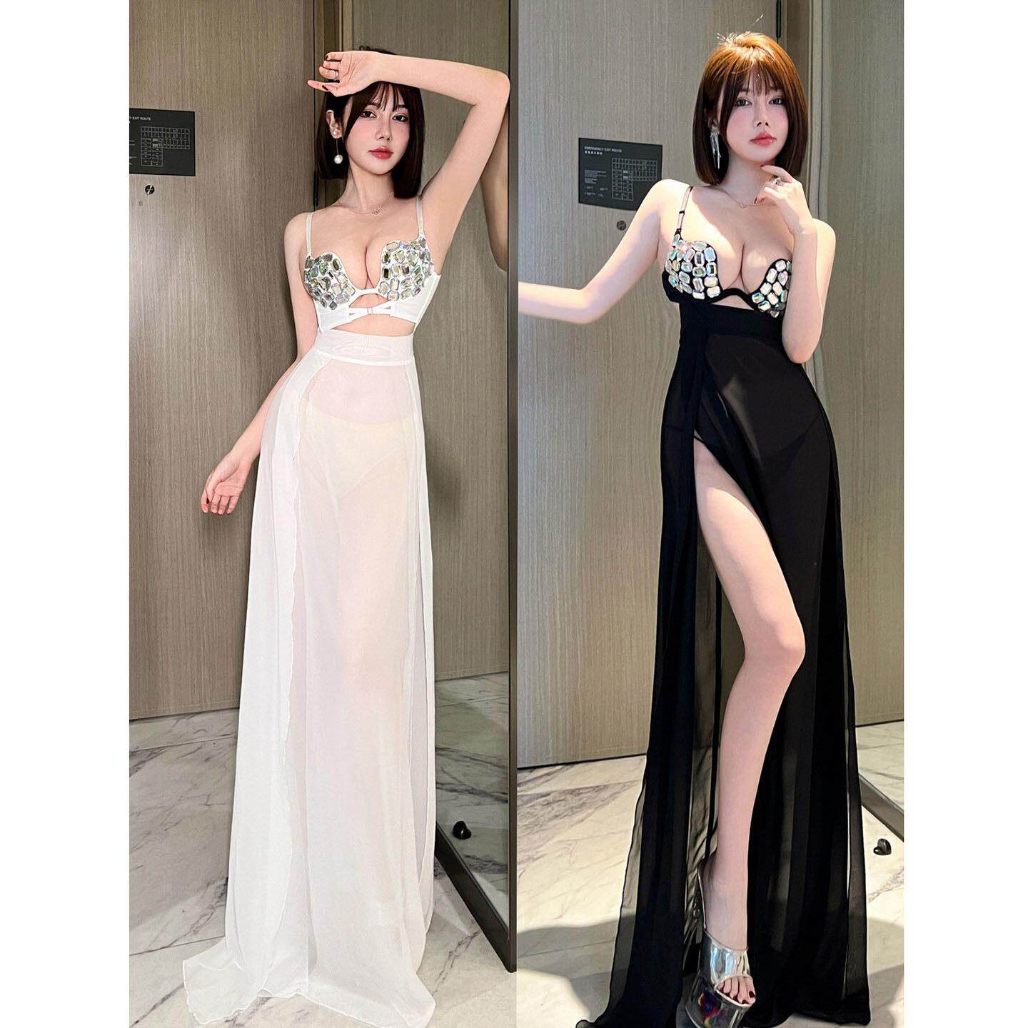 性感夜店洋装修身显瘦字裙气质名媛礼服长裙子透视夜场开叉裙
