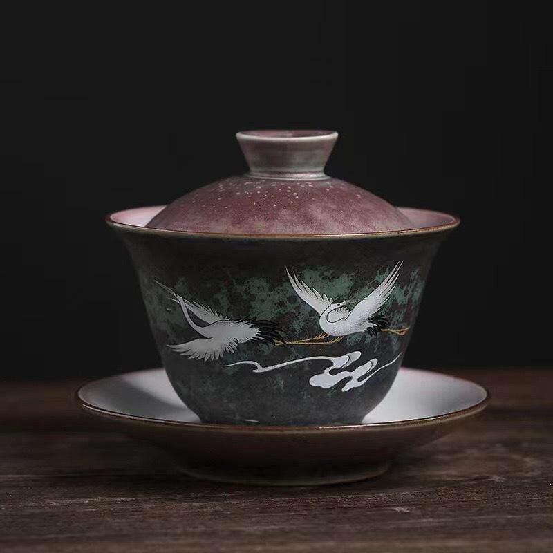 日式窑变焕彩陶瓷三才盖碗功夫茶具家用泡茶器创意仙鹤大号敬茶碗
