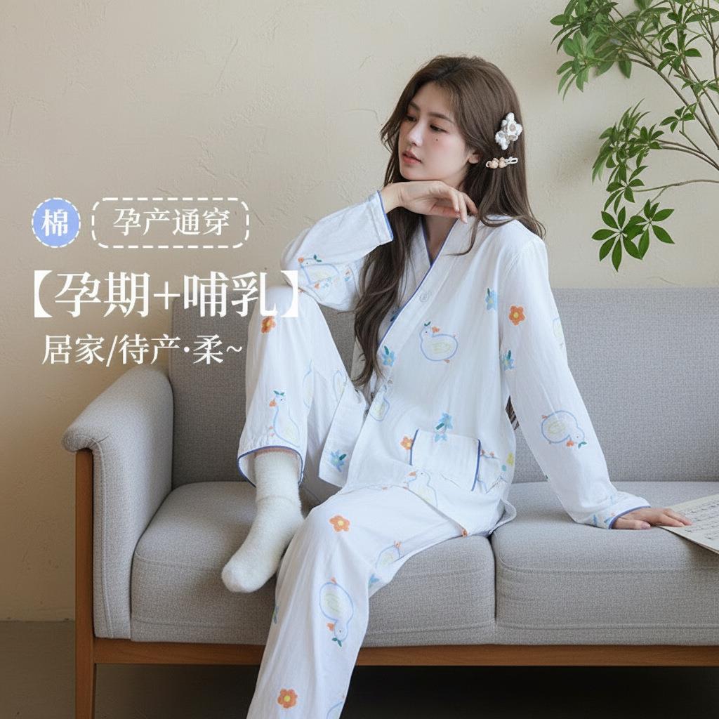 月子服夏季薄款纯棉双层纱布日系和服家居服套装春秋产后哺乳睡衣
