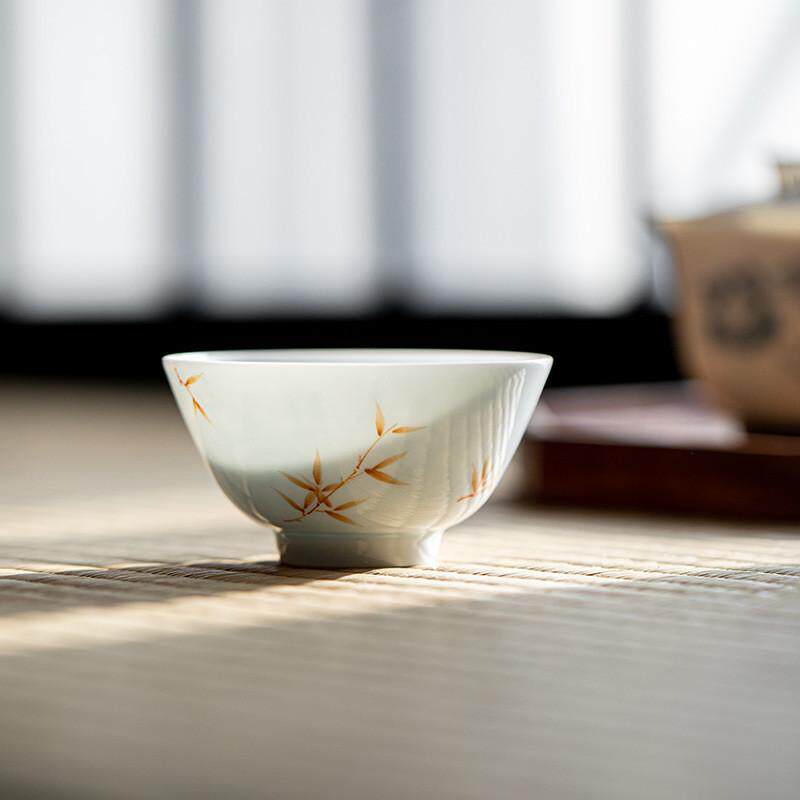 杯己花釉作主手彩 薄胎人茶杯青杯青手绘 品茗杯下竹子功夫家用单