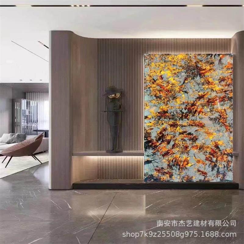 巴西天然大理石轻奢透光金孔雀背景墙玄关餐桌茶几岛台石材台面