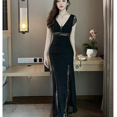 夜场晚礼服女长款蕾丝显瘦性感镂空开叉连衣裙洗浴桑拿技师工作服