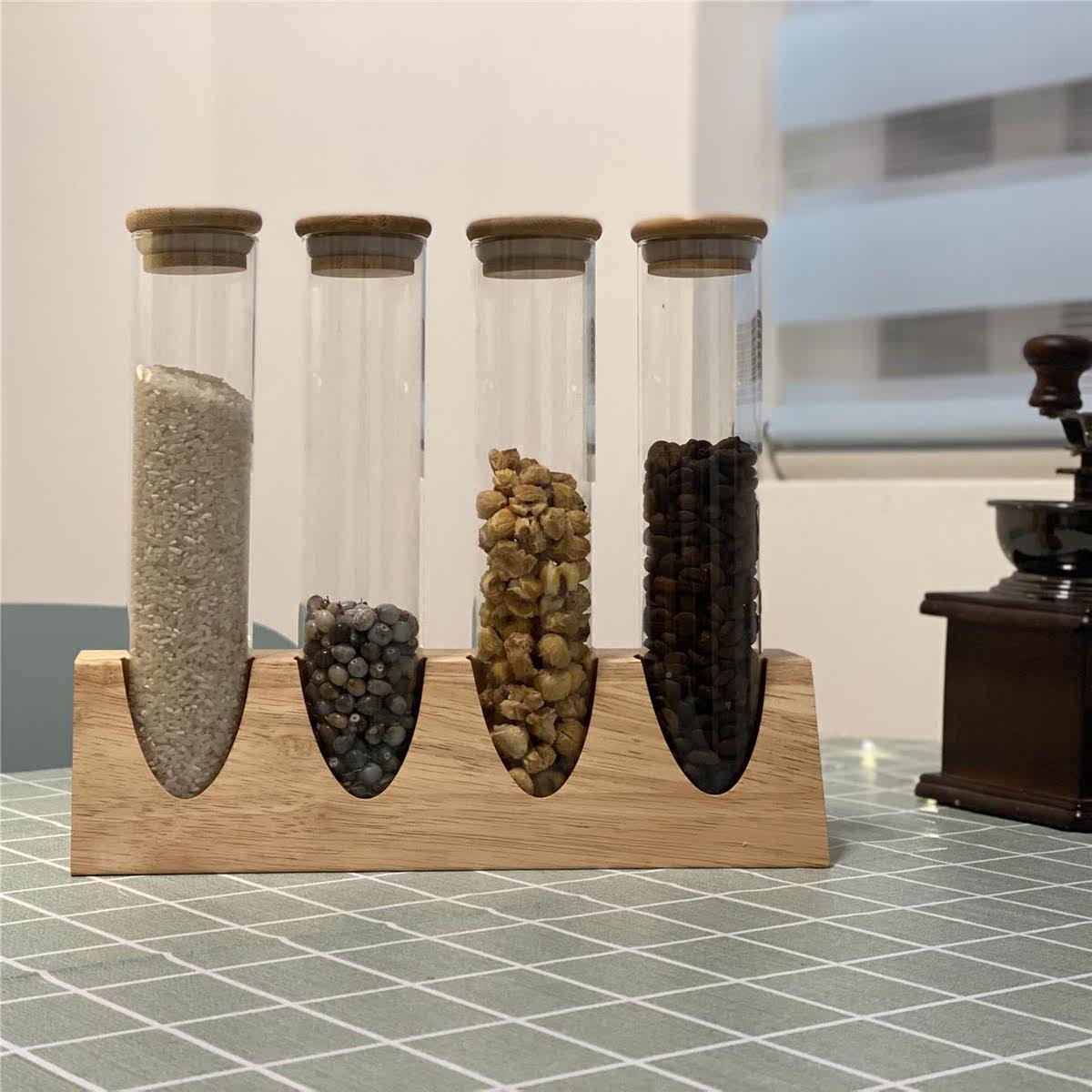 试管实木展示架玻璃储物罐样品房摆件创意收纳茶叶咖啡豆分类林达