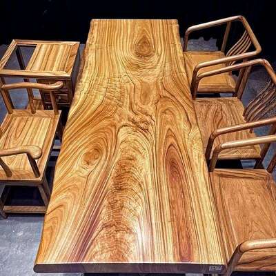 香樟B3胡桃木形异板原木大桌天然边奥坎现代简约实木茶桌长板餐形