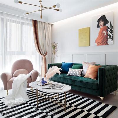 北欧布艺双三人沙发isn轻奢美式现代拉扣丝绒墨緑色卧室单人沙发