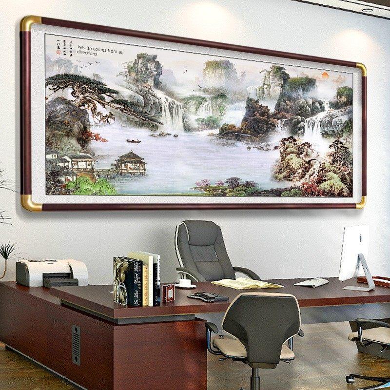 流水、金钱聚宝盆、山水挂画、客厅背景、墙面书画、高端装饰、办