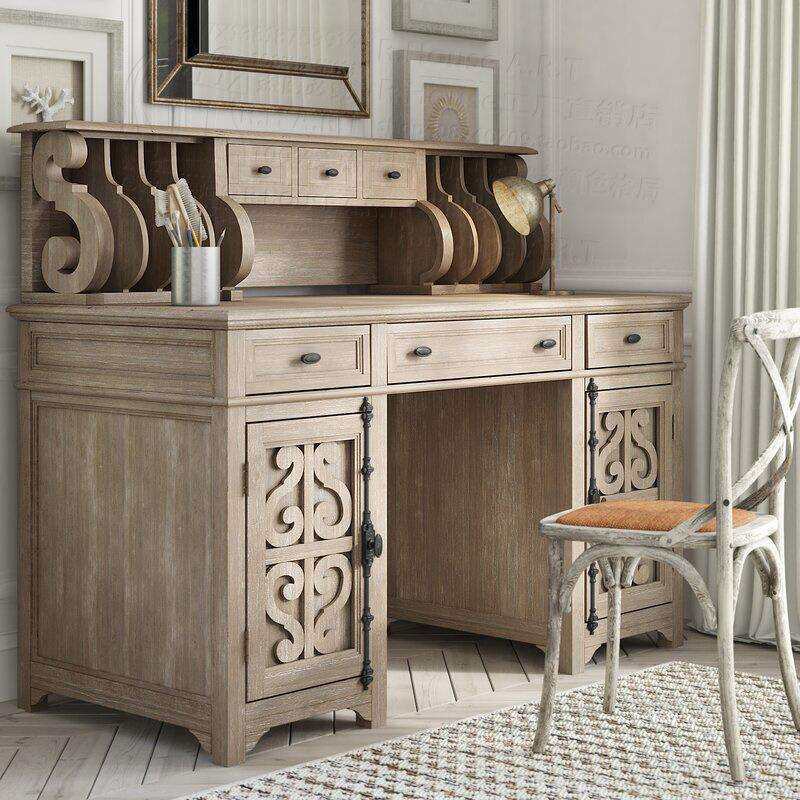 法式乡村仿古做旧实木雕花书桌RH美式工业风办公桌写字台带书架