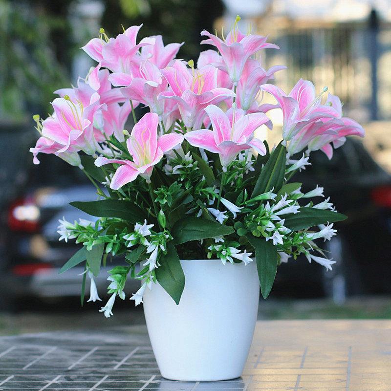 百合花彷真花套装餐桌客厅装饰塑料花假花摆设绢花束摆件花瓶插花