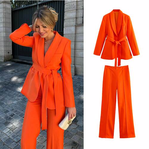 Women's clothing with belt dress, mini suit jacket, and