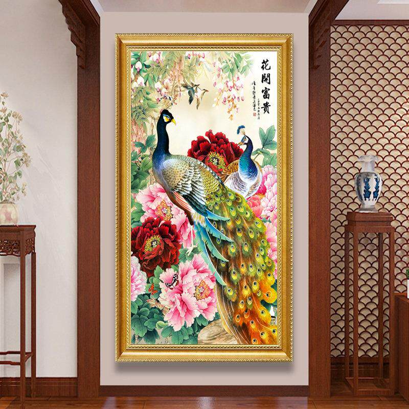 5d钻石画 画满钻客厅玄关竖版花开 富贵孔雀贴钻十字绣2024新款钻