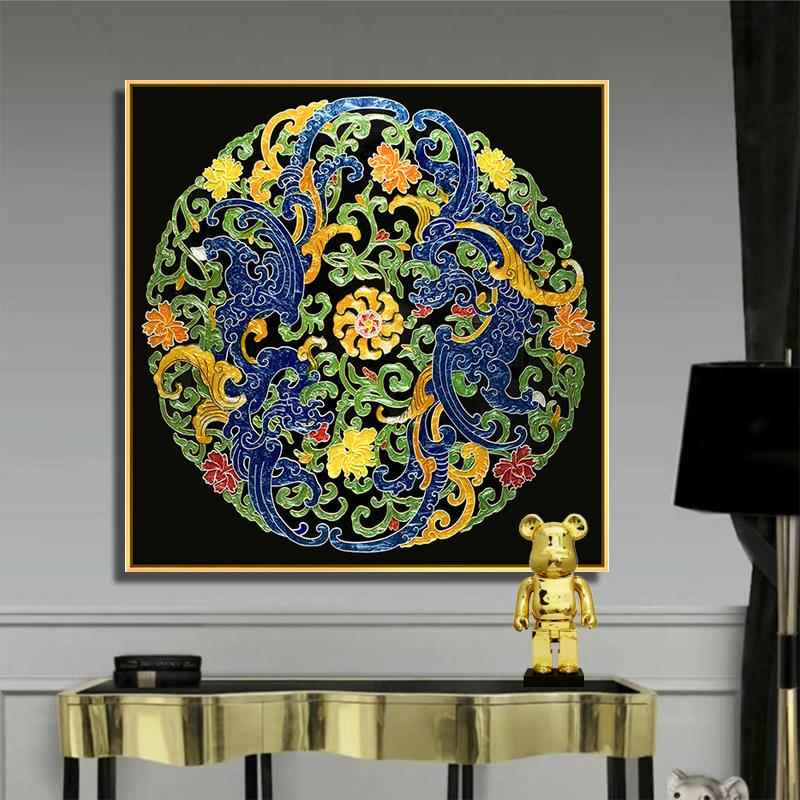 定做手工琉珐琅彩装画现轻玄新关中式厅沙客发璃背景奢墙餐代厅挂