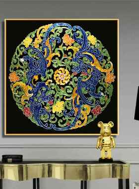 定做手工琉珐琅彩装画现轻玄新关中式厅沙客发璃背景奢墙餐代厅挂
