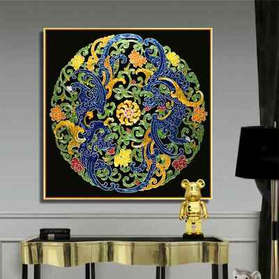 定做手工琉珐琅彩装画现轻玄新关中式厅沙客发璃背景奢墙餐代厅挂