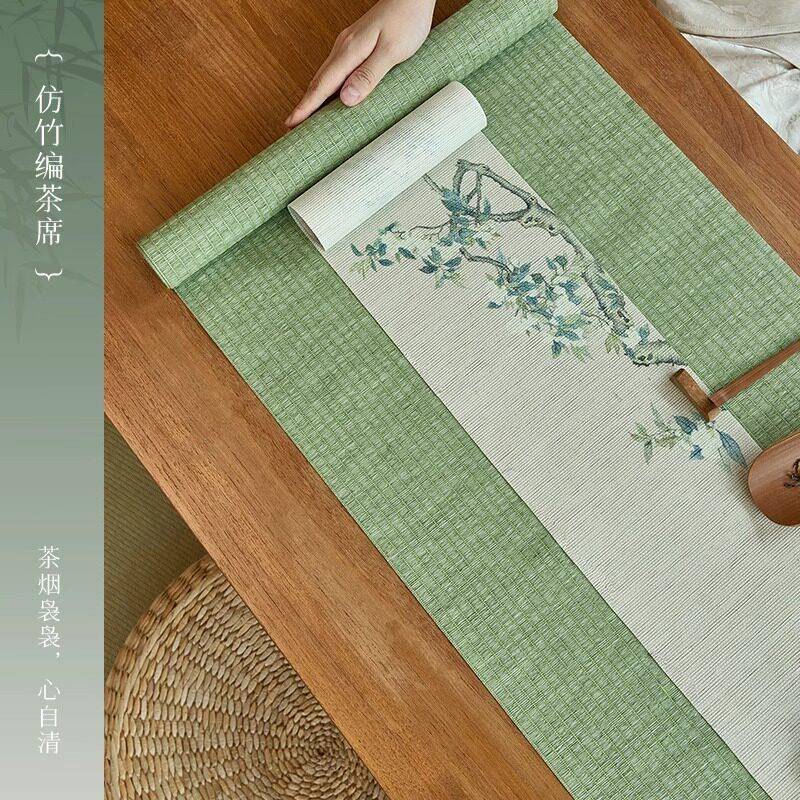 双层防水仿竹编竹子榻榻米桌旗防水防油免洗茶室茶旗茶桌隔热垫布