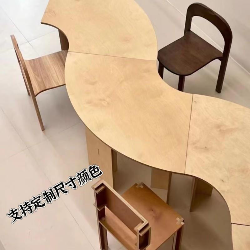 桦木海洋板中岛流水台展示台花艺曲线操作台图书馆咖啡甜品店桌