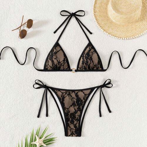 Plus Size Floral Lace Bikini Set Fashion Halter Neck F