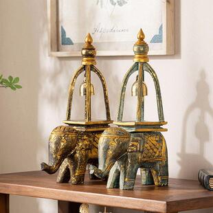 泰国木雕工艺礼品摆饰大象铜铃摆件家居客厅电视酒柜桌面禅意装饰