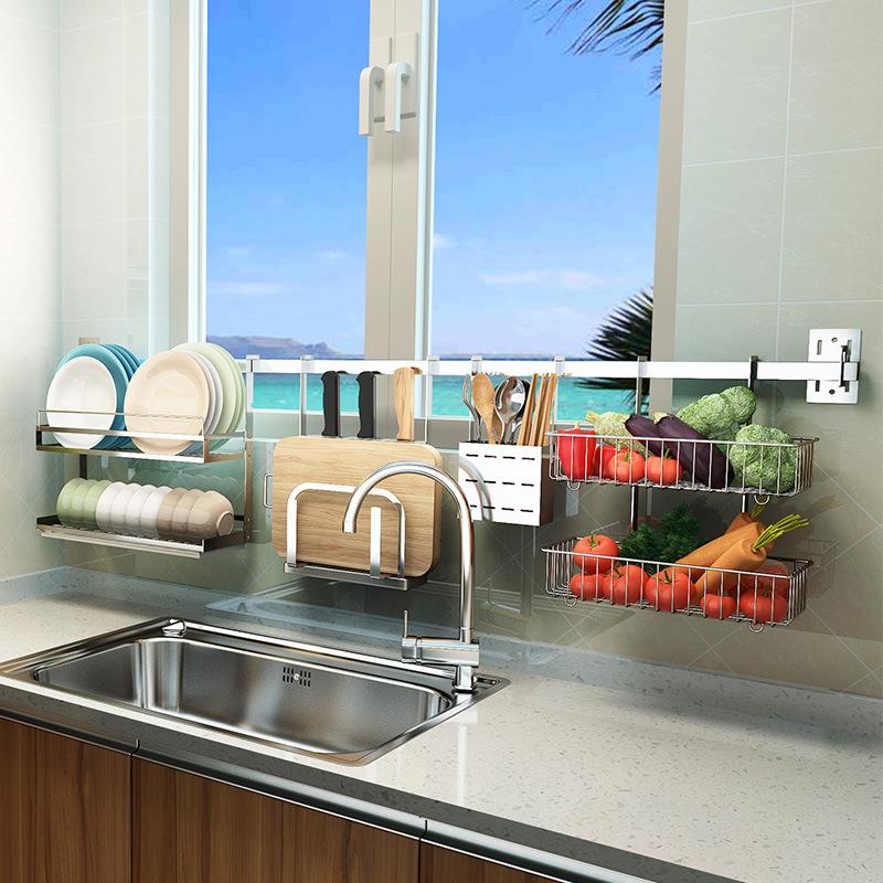304不锈钢免打孔厨房碗架碗碟盘子沥水架窗户置物架多功能收纳架