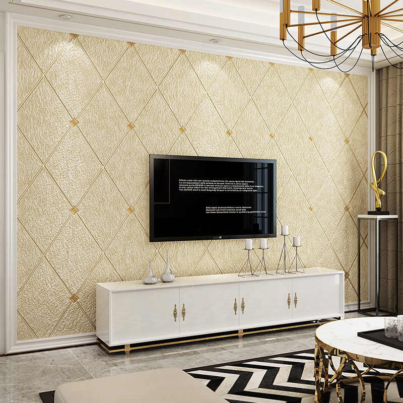 鹿皮绒浮雕镶钻影视墙墙纸简欧菱形格客厅卧室电视背景墙壁纸