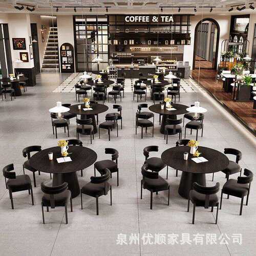 餐古HYA风实圆形桌家用小户型复古饭桌餐厅咖啡厅中接待黑木色圆