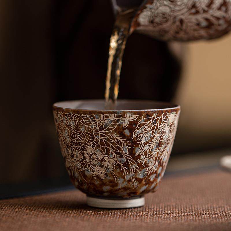 老岩泥繁花鎏银沉香杯复古粗陶茶杯功夫茶具品茗杯大号主人杯单杯