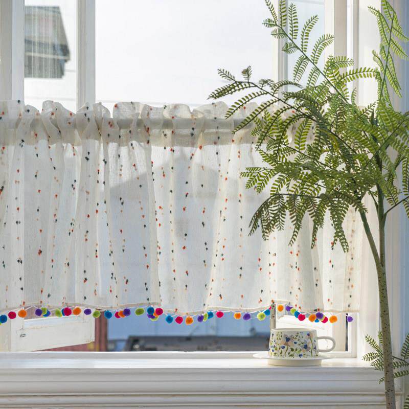 亚麻条纹豆豆纱帘半截短窗帘半帘小窗户免打孔厨房短帘门帘隔断帘