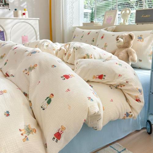 A类母婴双层纱皱皱纱全棉床单四件套清新可爱奶乎乎兔兔棉纱被套