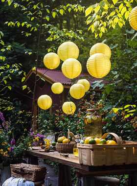20Pcs黄色纸灯笼套装户外庭院装饰生日婚礼圆形悬挂装饰灯笼节日