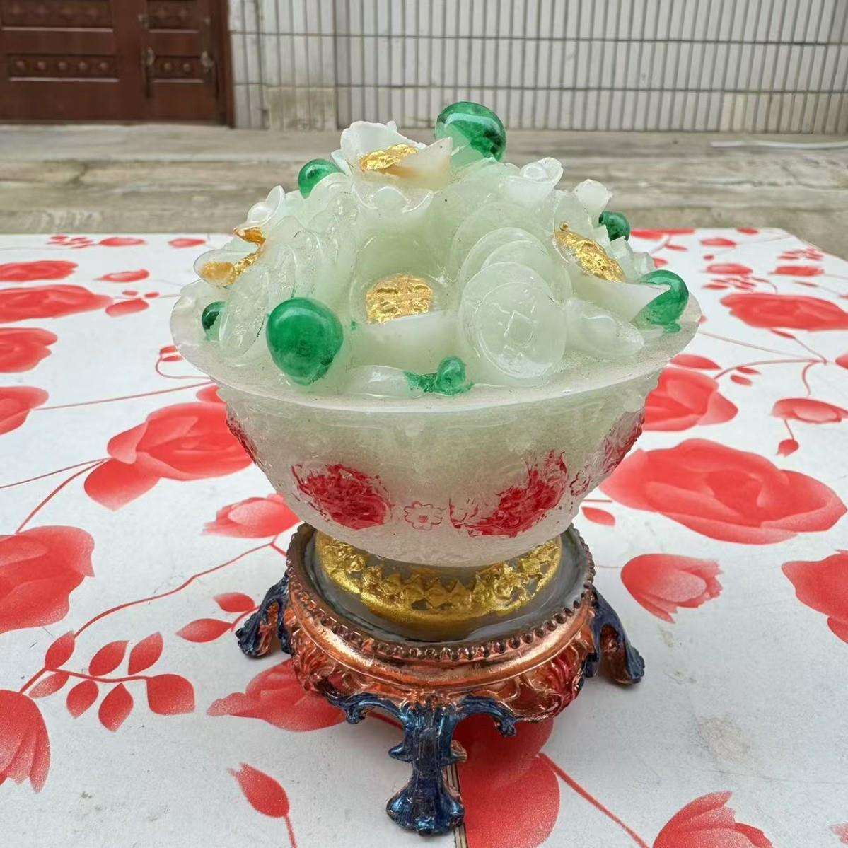 仿古树脂元宝玉碗摆件天然夜光镶嵌古玩收藏创意酒柜摆设工艺品