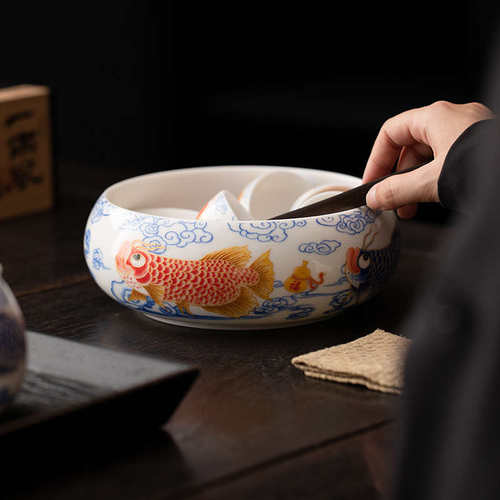 羊脂玉瓷龙鱼茶洗陶瓷水盂缸家用大容量茶渣缸废水缸杯洗功夫茶具