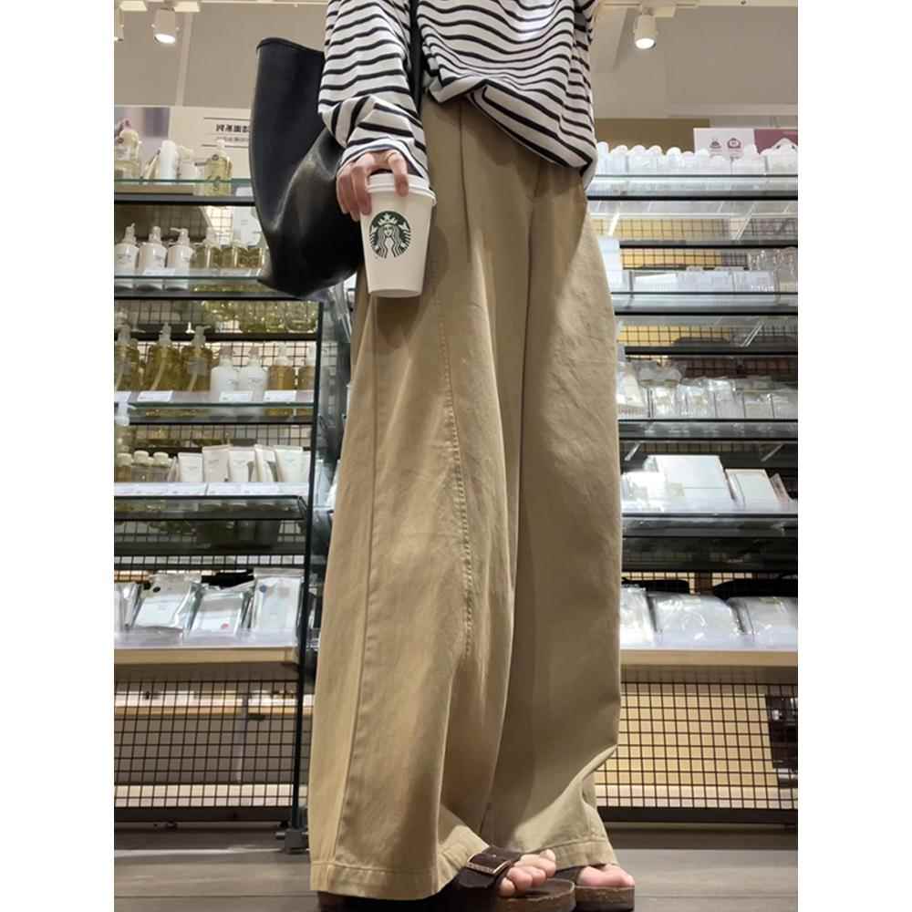 覆古卡其色阔腿工装裤子女秋季大码胖mm宽松显瘦拖地直筒休闲长裤