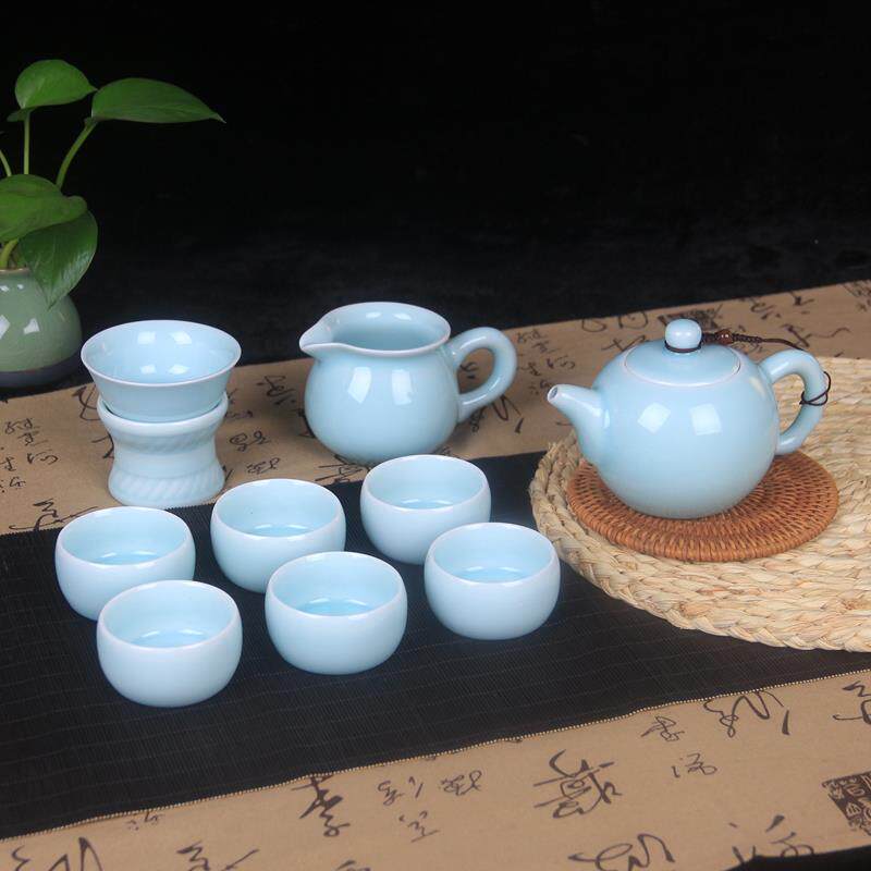 高档窑小利青瓷整装套茶具 陶瓷器 汝功夫茶具套复古耐热泡 茶壶