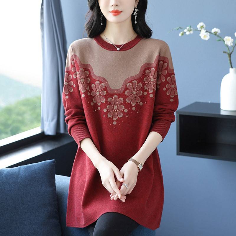 中老年妈妈装镶钻毛衣女中长版打底衫宽松大尺码女绣花羊毛衫A字