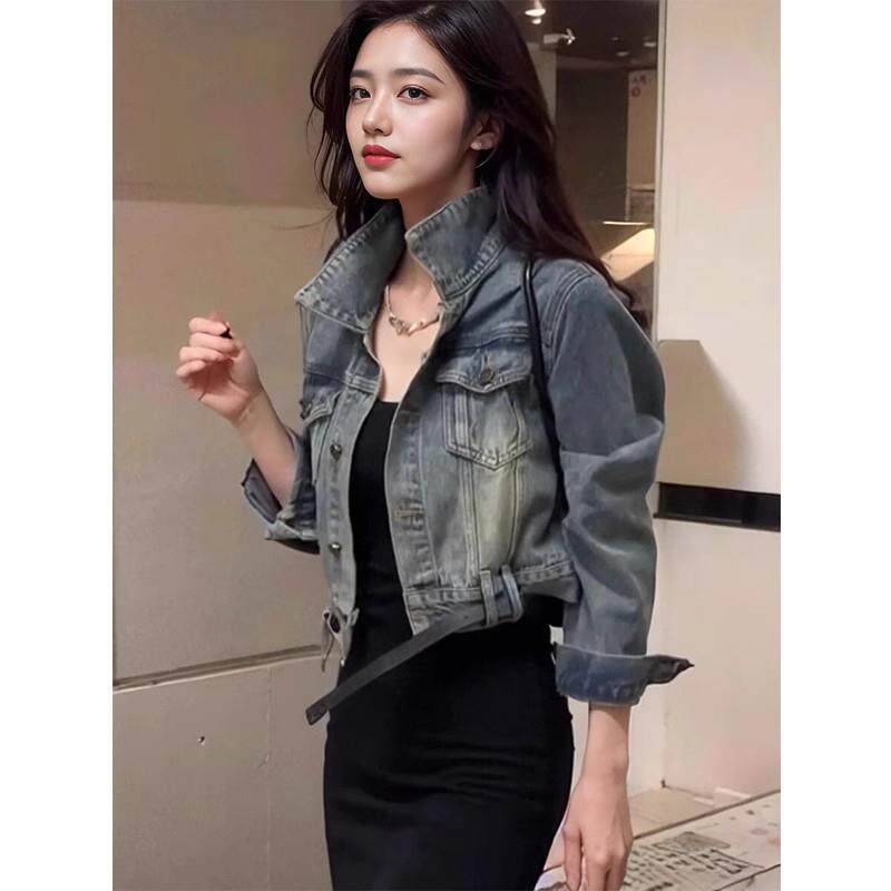 水洗牛仔外套女春秋季欧货短款夹克港风覆古做旧上衣polo翻领衬衫