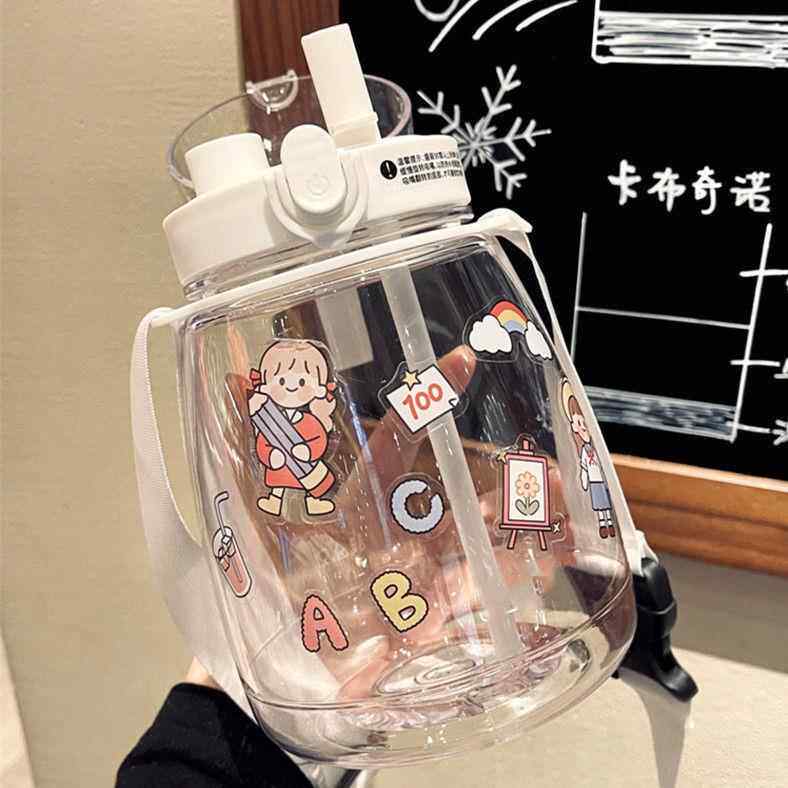 大容量塑料水杯网红布丁学生大肚杯儿童可爱便携卡通双饮吸管杯